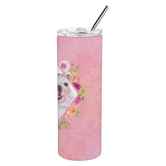 English Bulldog Pink Flowers Stainless Steel 20 oz Skinny Tumbler - Picture 4 of 4